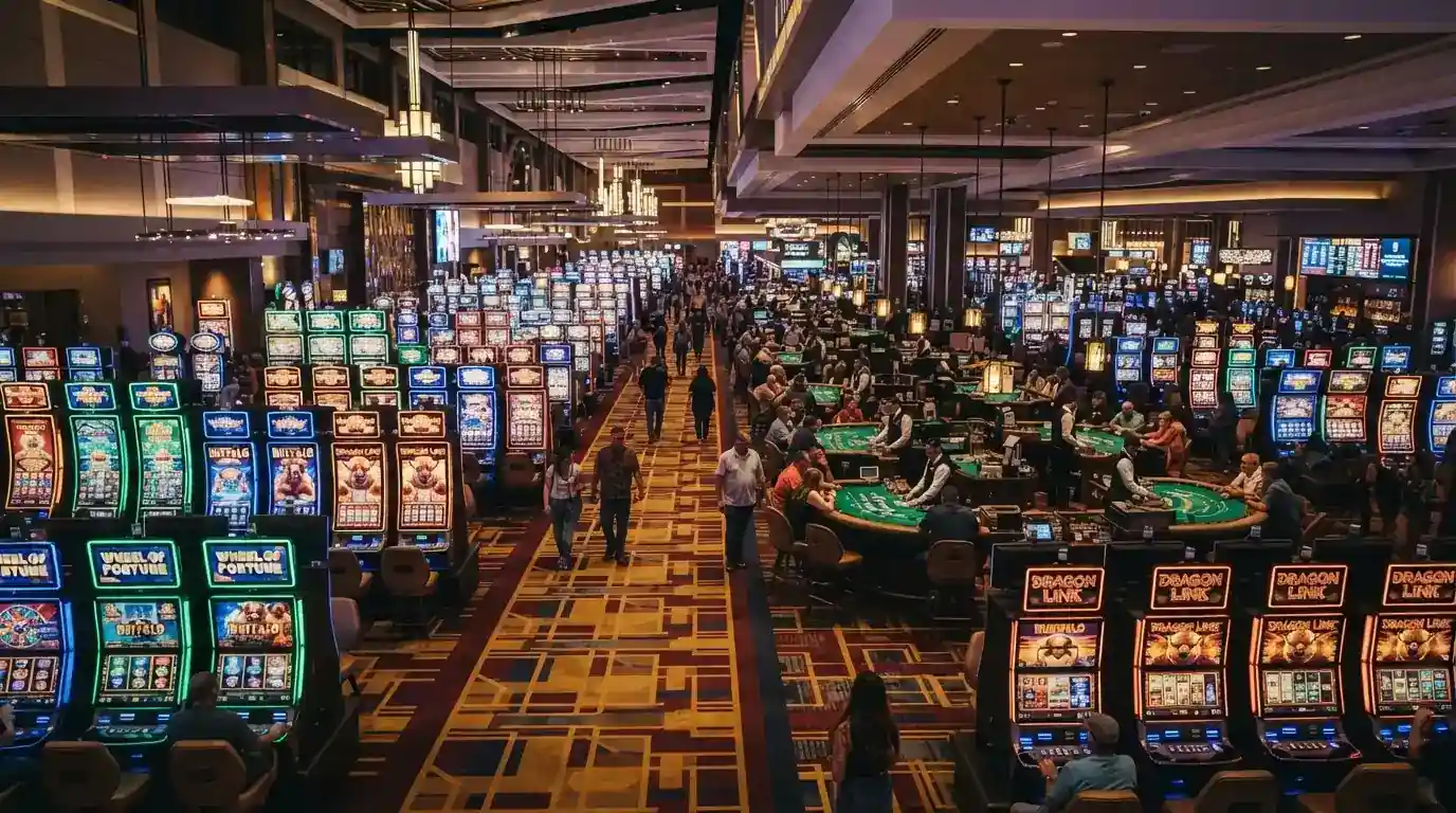 Wide view of The Star Brisbane casino floor with rows of gaming machines and table games in the background