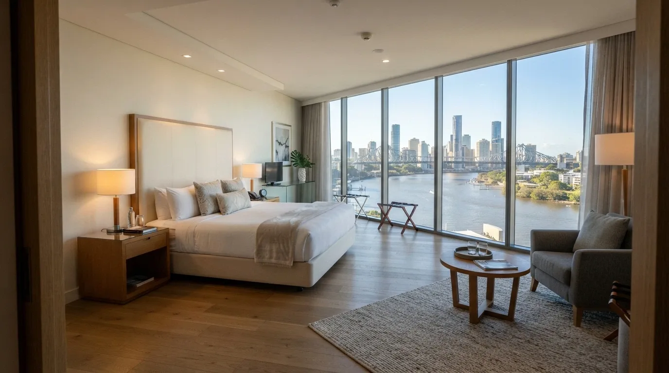 A luxury hotel suite interior with river views through floor-to-ceiling windows at The Star Brisbane