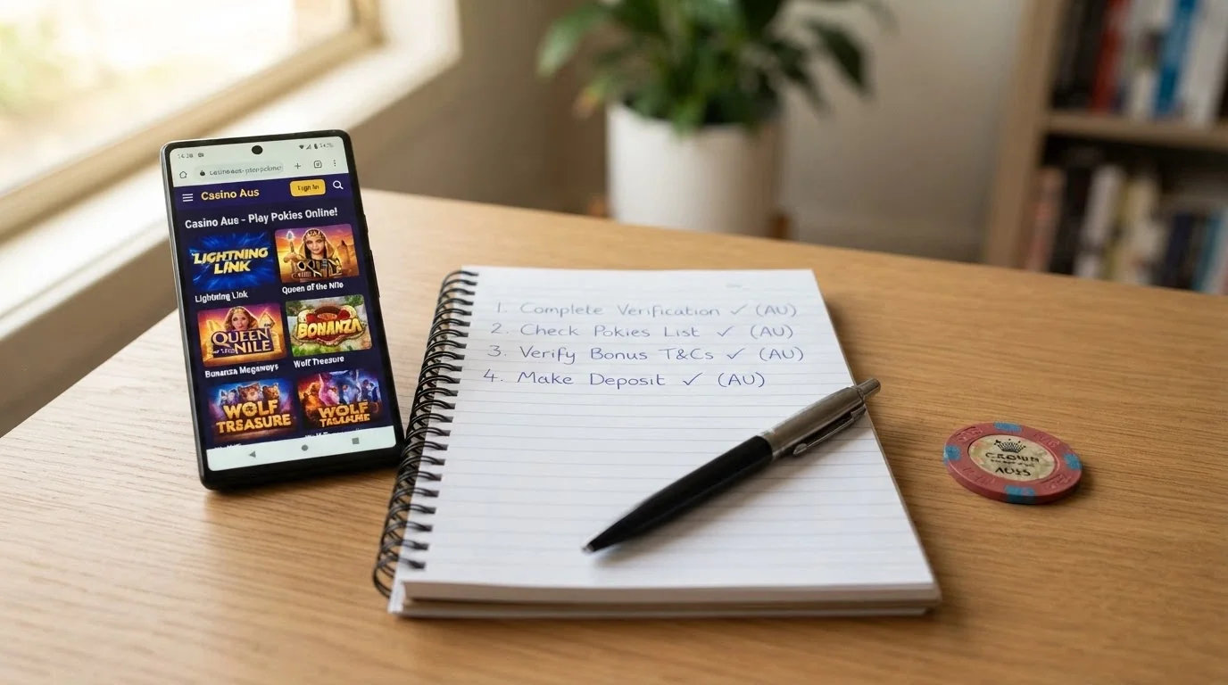 A notepad with a short checklist of items ticked off, beside a smartphone showing a casino lobby
