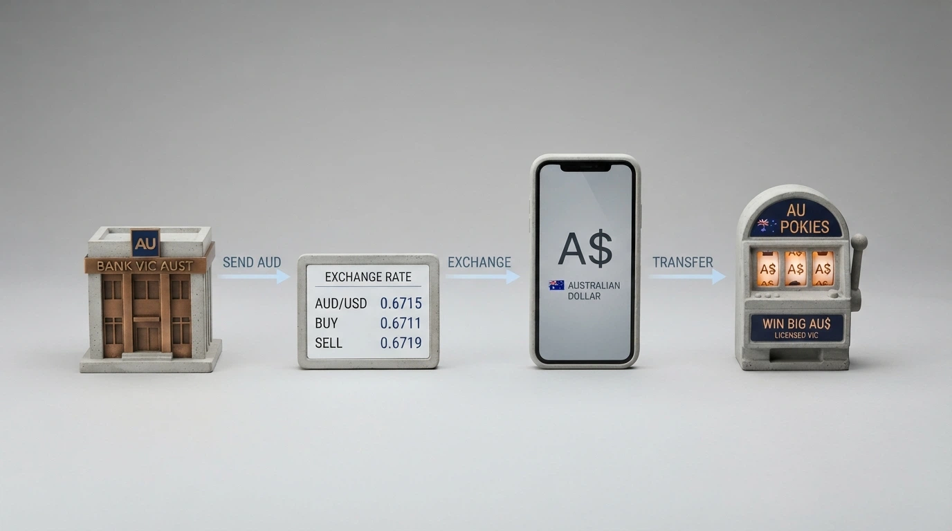 A step-flow diagram showing four icons: bank, exchange, USDT wallet, casino — connected by arrows