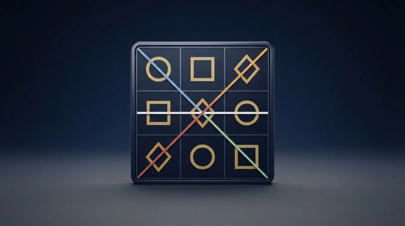 A close-up diagram of a 3×3 pokie grid showing five paylines marked across the reels