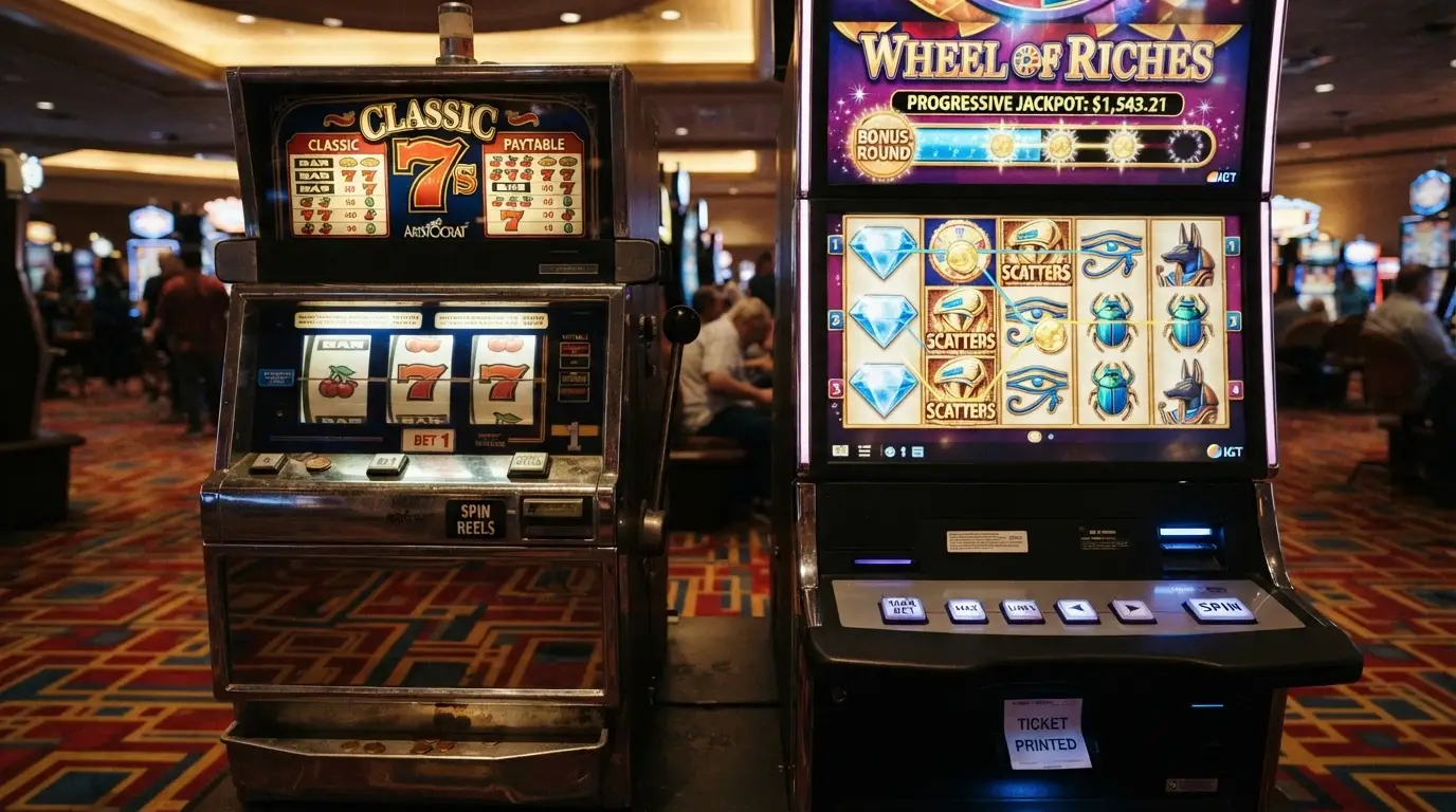 A classic three-reel slot cabinet next to a five-reel video pokie screen, with payline counts labelled on each