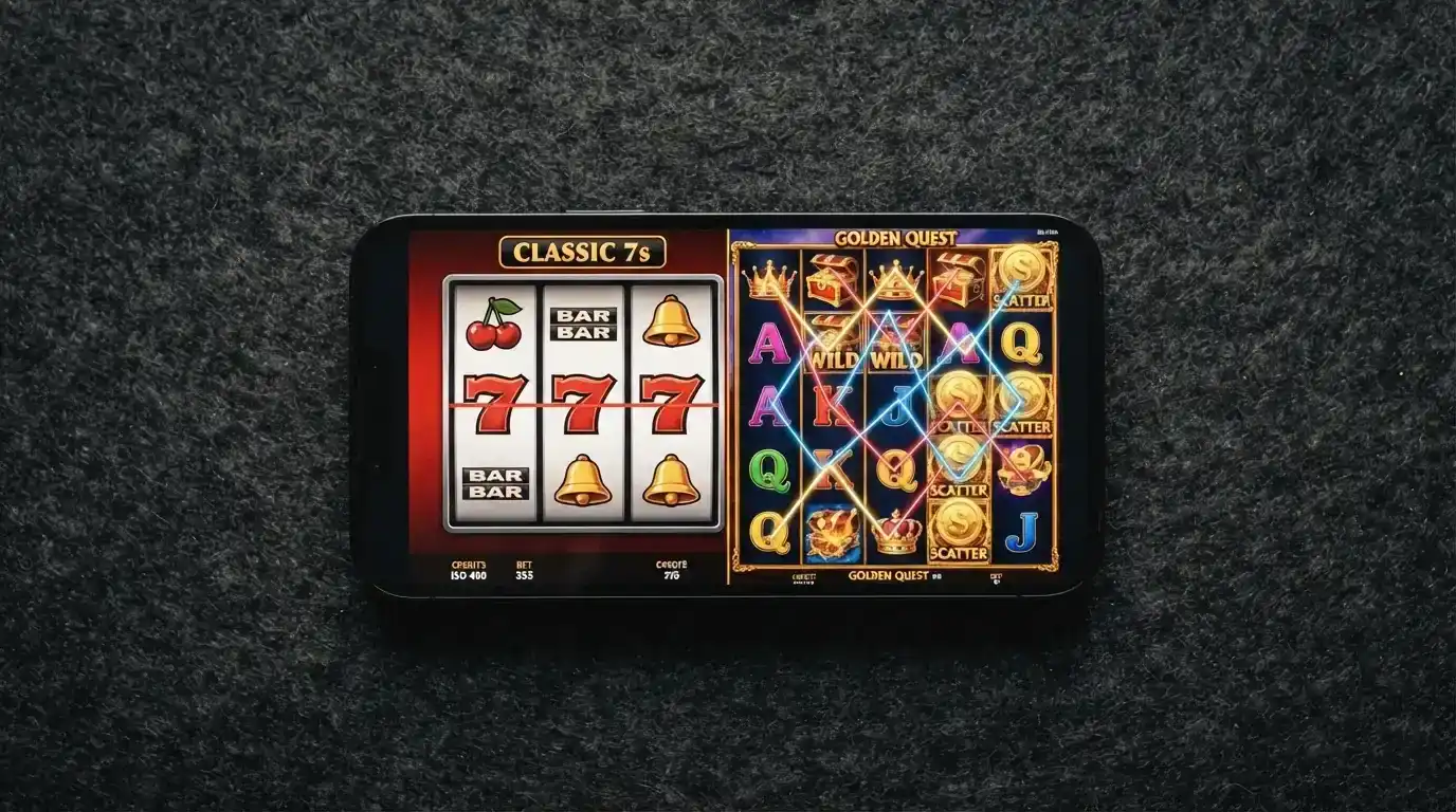 Side-by-side comparison of a 3-reel grid and a 5-reel grid on a smartphone screen