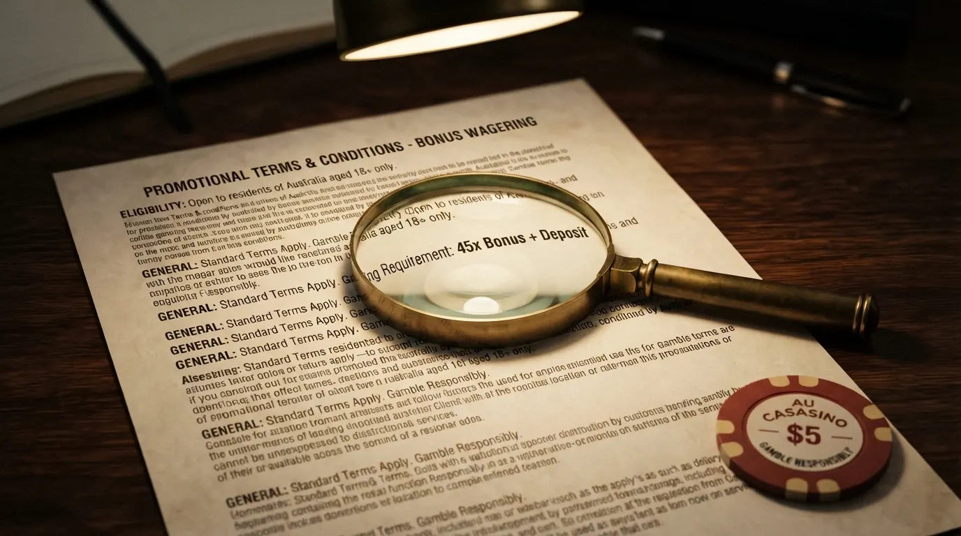 A close-up of bonus terms and conditions with a magnifying glass highlighting the wagering-multiple figure