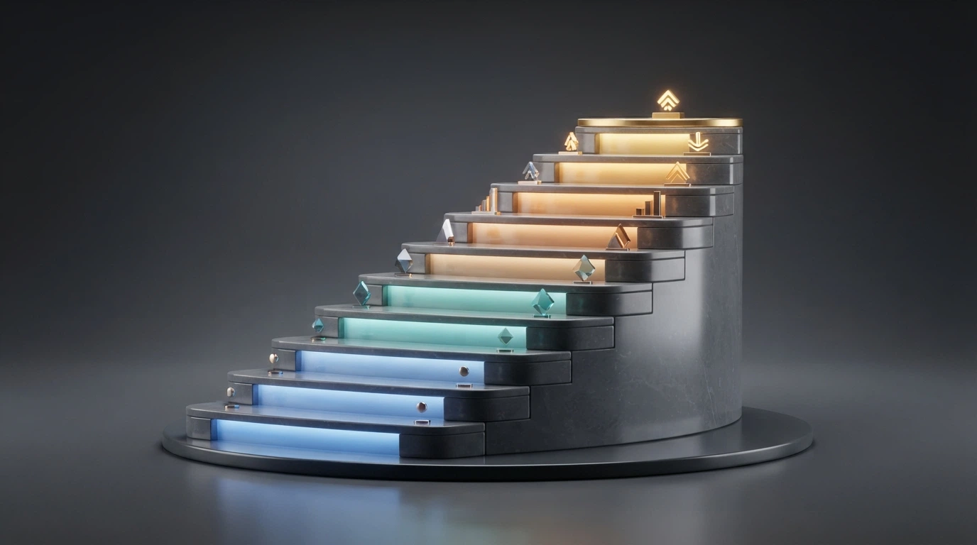 A visual ladder or stepped pyramid with ascending labels from entry-level through mid-tier to top-tier, illuminated from below