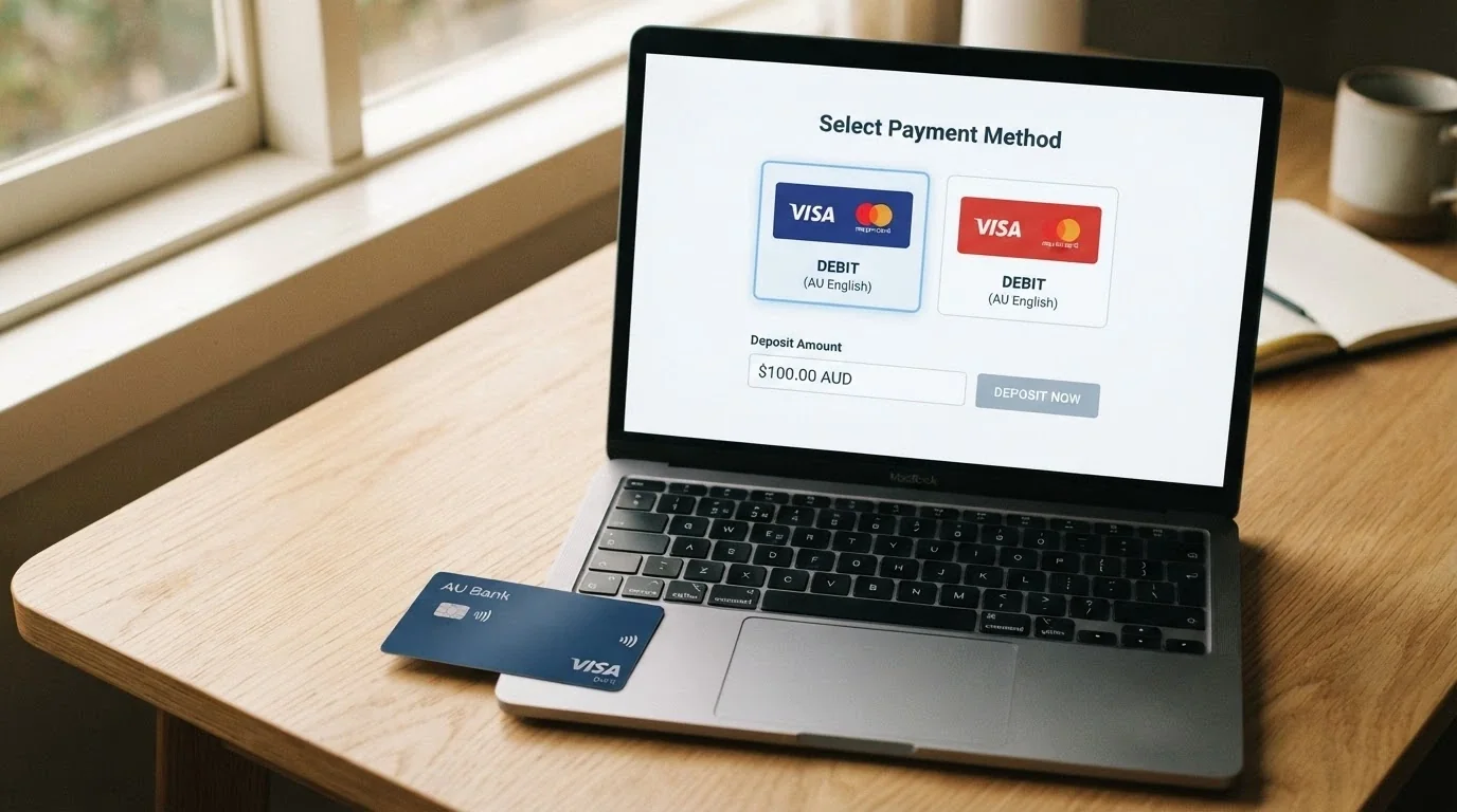 A laptop displaying an online casino cashier page with Visa and Mastercard debit card options highlighted, a physical debit card resting beside the keyboard