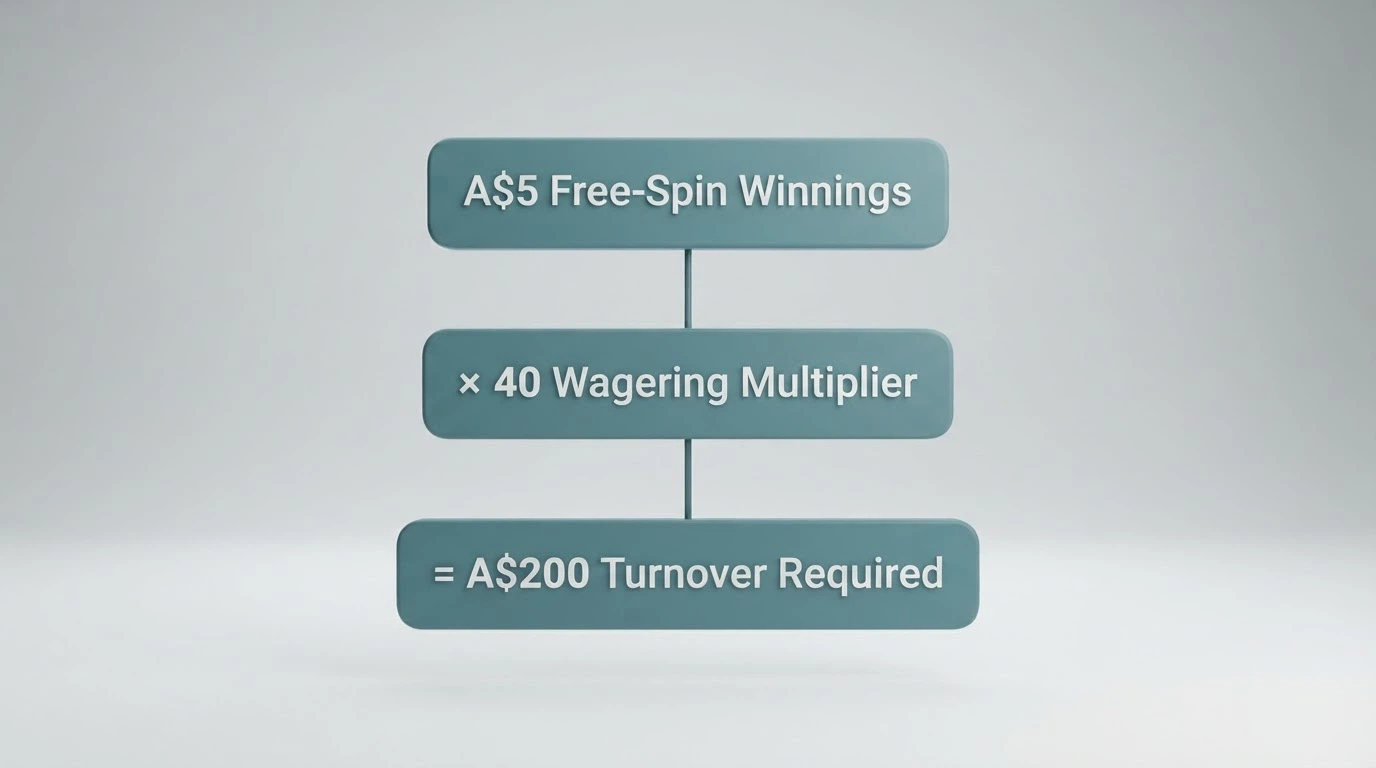 A notepad or calculator display showing a wagering multiplier, a spin value and a turnover figure arranged as a step-by-step calculation