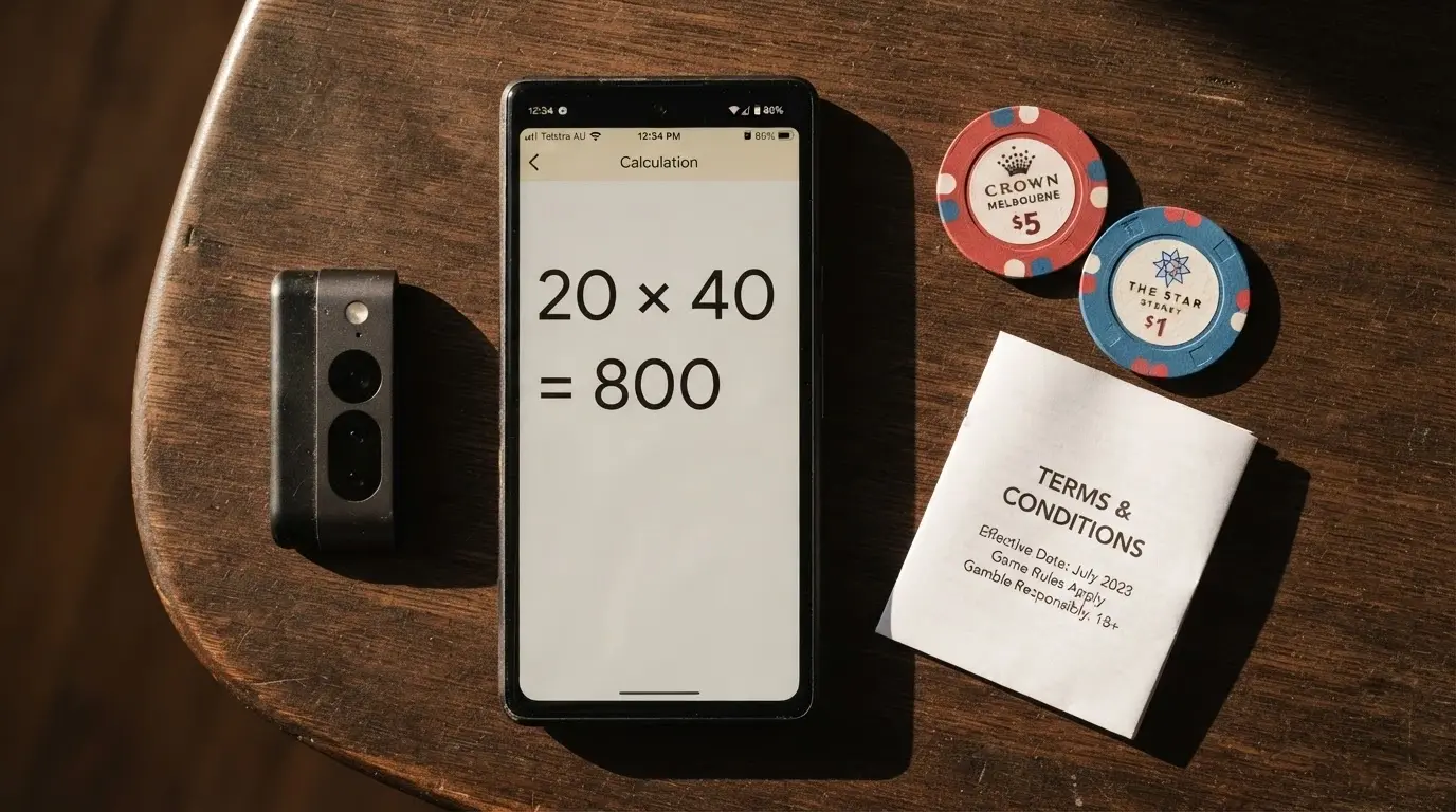 A close-up of a smartphone calculator showing 20 × 40 = 800, with casino chips and a terms-and-conditions icon in the frame