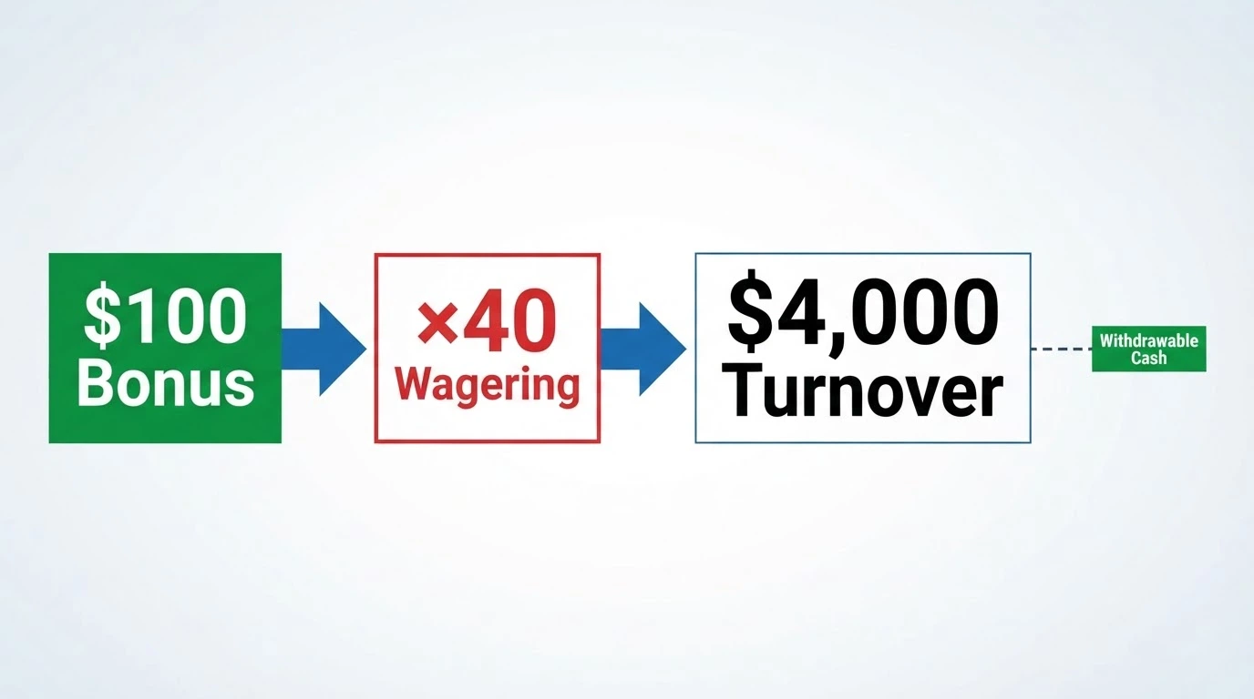 A simple diagram showing a $100 bonus arrow labelled “×40 wagering” pointing to a $4,000 turnover figure, with a small fraction surviving as withdrawable cash