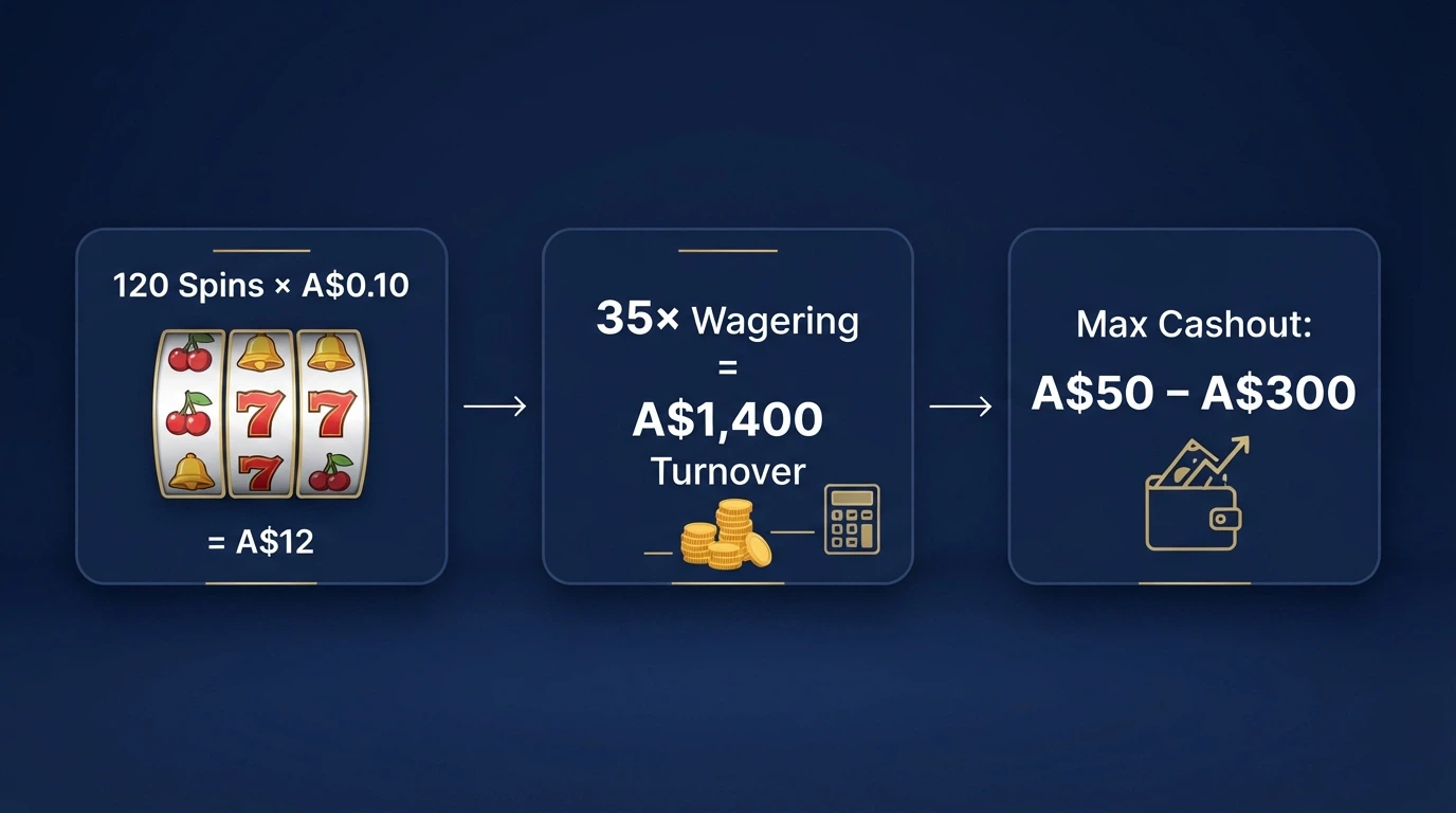 A simplified visual showing how 120 spins at A$0.10 each become winnings and then face a 35× wagering hurdle before a capped cashout