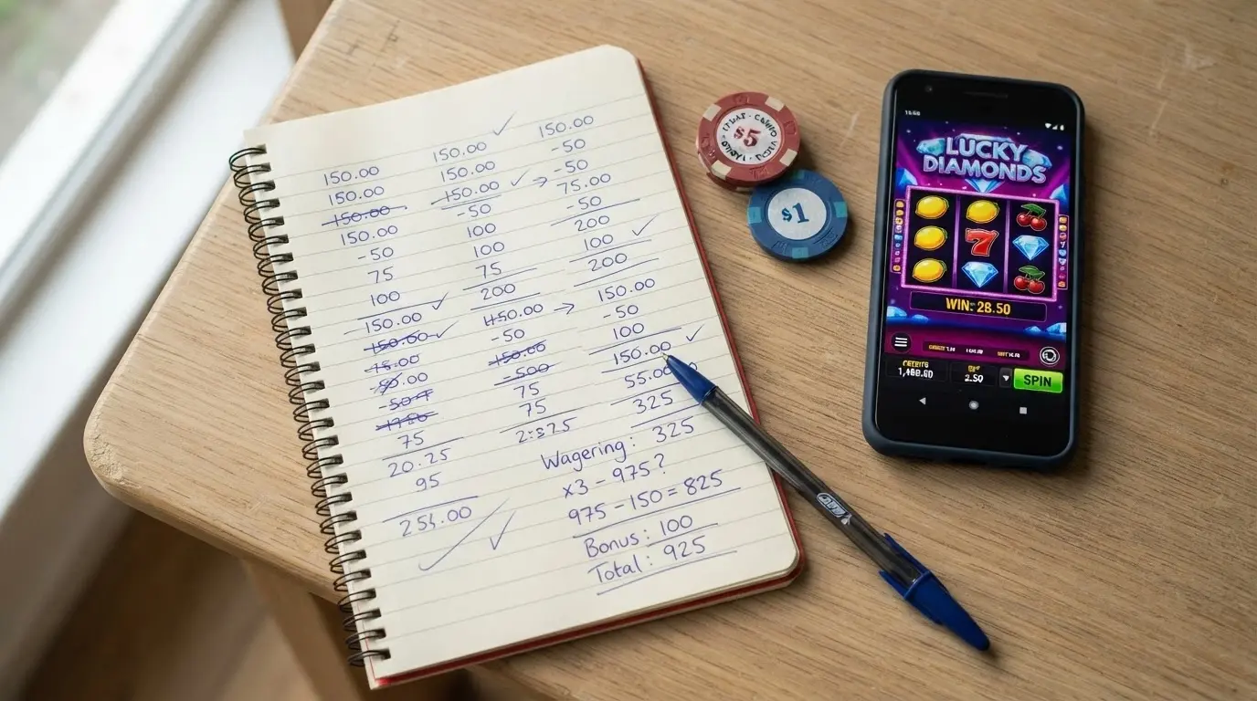 A notepad with wagering maths beside a pokie screen — Australian dollar figures written, crossed out and recalculated with a calculator