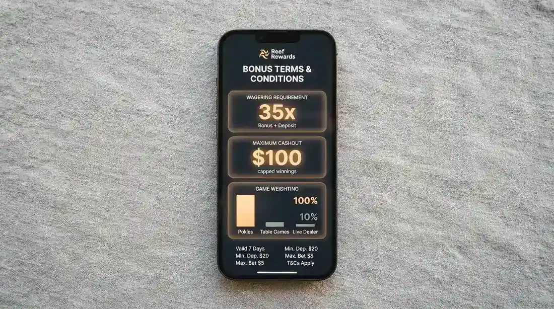 A close-up of a casino bonus terms pop-up with the wagering requirement, max cashout and game weighting highlighted