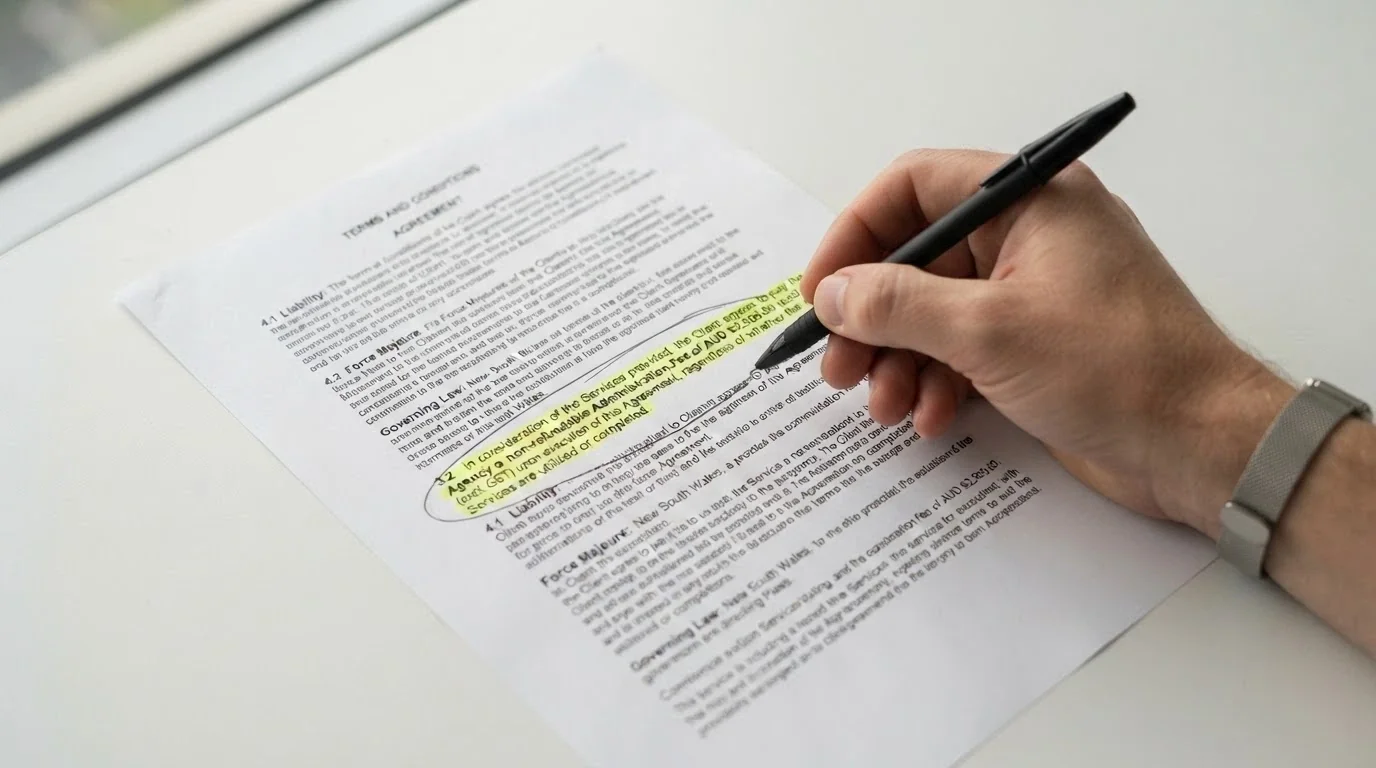 A close-up of printed bonus terms and conditions with a pen circling the wagering requirement clause