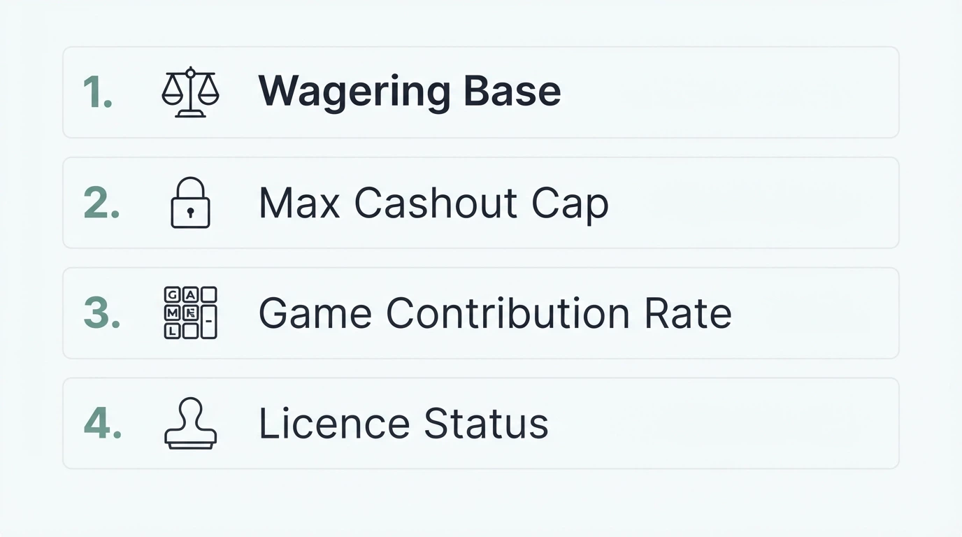A visual checklist of the four things to check before claiming any welcome bonus — wagering base, max cashout cap, game contribution rate, licence status — in priority order