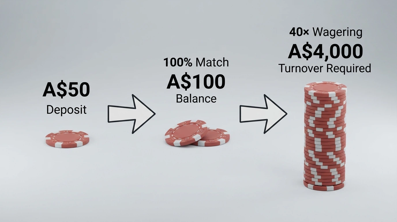 A diagram showing how a A$50 deposit turns into bonus funds through a percentage match, with the wagering multiplier expanding the required turnover